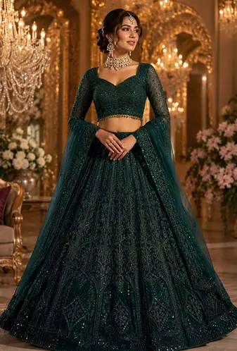 Green Wedding Designer Heavy Net Sequin Lehenga Choli for women's