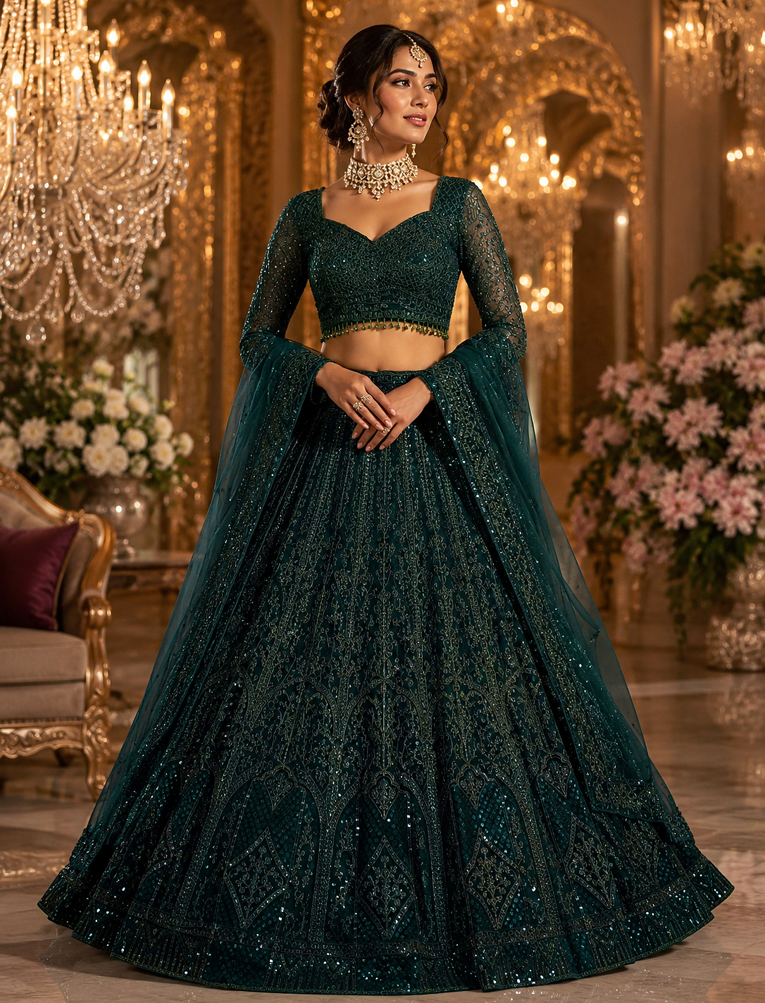 Green Designer Heavy Net Sequin Lehenga Choli