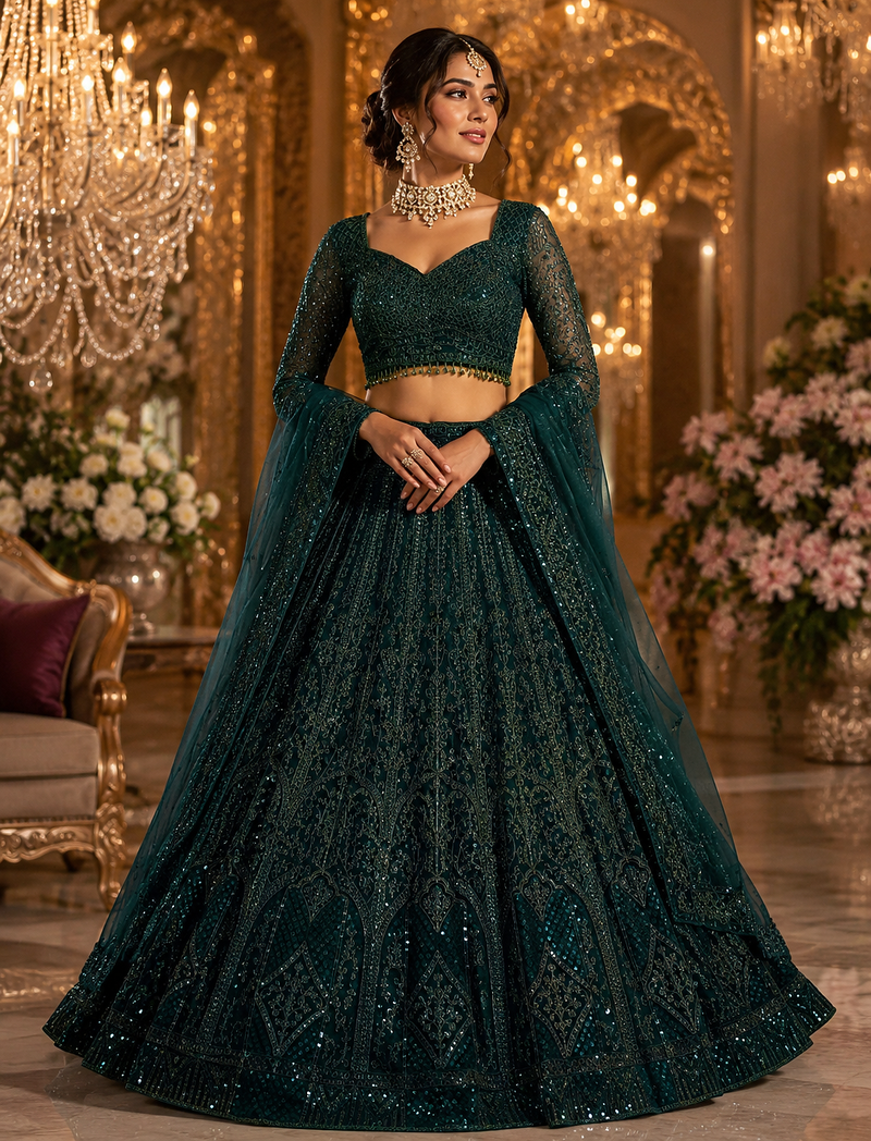 Green Wedding Designer Heavy Net Sequin Lehenga Choli for women's