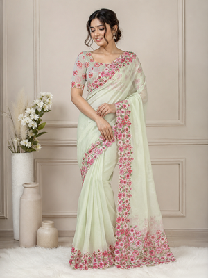 White-Pink Color Floral Print With Beads And Katdana Handwork Silk Saree 1