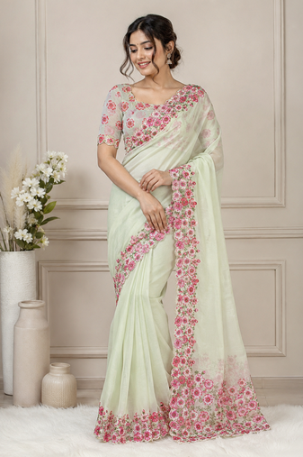 white-pink floral print with beads and katdana hand silk saree