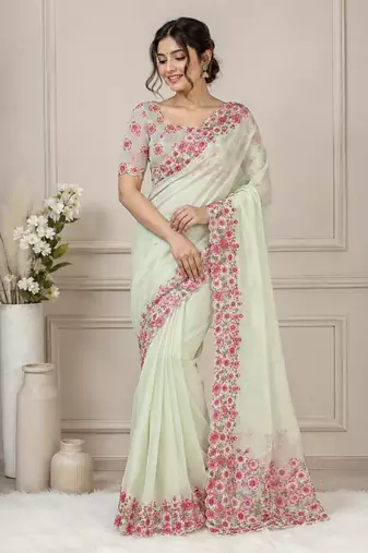 white-pink floral print with beads and katdana hand silk saree