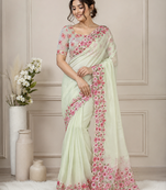 white-pink floral print with beads and katdana hand silk saree