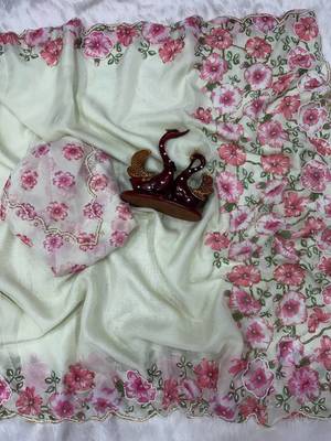 White-Pink Color Floral Print With Beads And Katdana Handwork Silk Saree 2