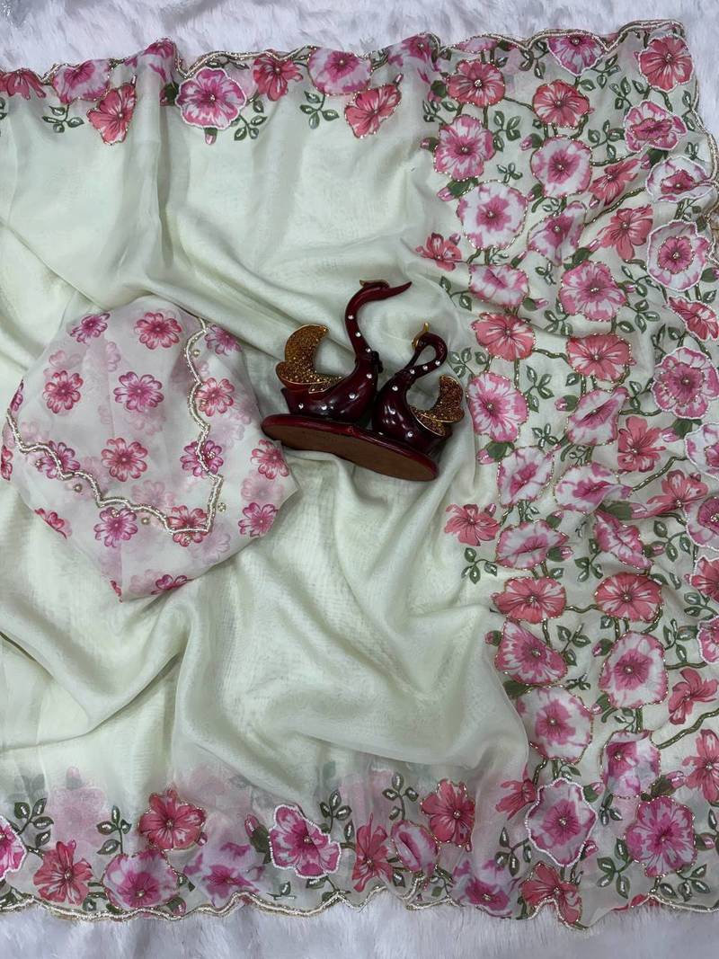 white-pink floral print with beads and katdana hand silk saree