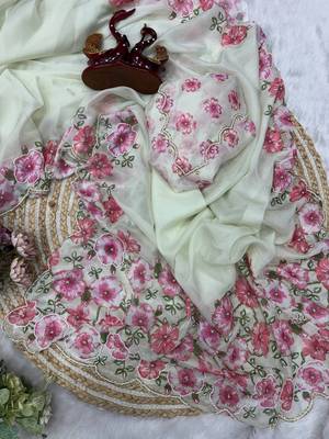 White-Pink Color Floral Print With Beads And Katdana Handwork Silk Saree 3