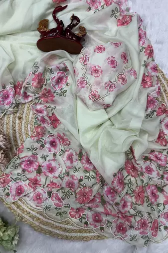 White-Pink Color Floral Print With Beads And Katdana Handwork Silk Saree