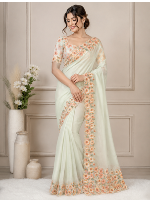 white-orange floral print with beads and katdana hand silk saree 1