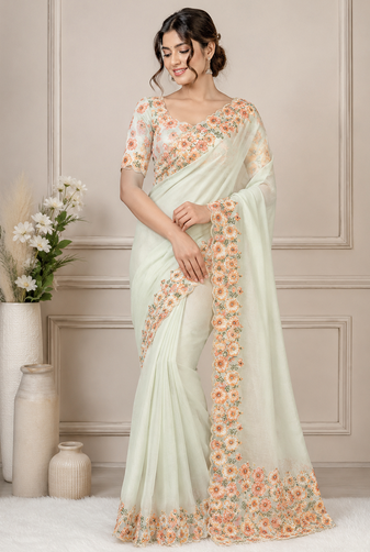 white-orange floral print with beads and katdana hand silk saree