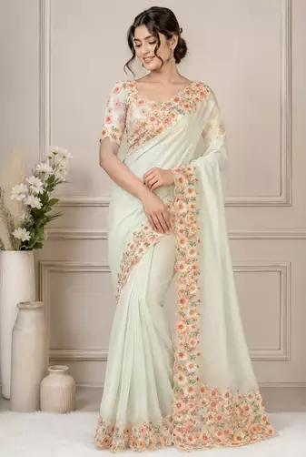 white-orange floral print with beads and katdana hand silk saree