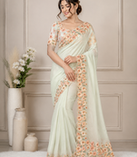 white-orange floral print with beads and katdana hand silk saree