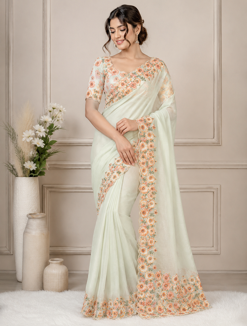 white-orange floral print with beads and katdana hand silk saree