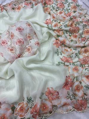 white-orange floral print with beads and katdana hand silk saree 2