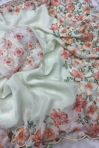 white-orange floral print with beads and katdana hand silk saree