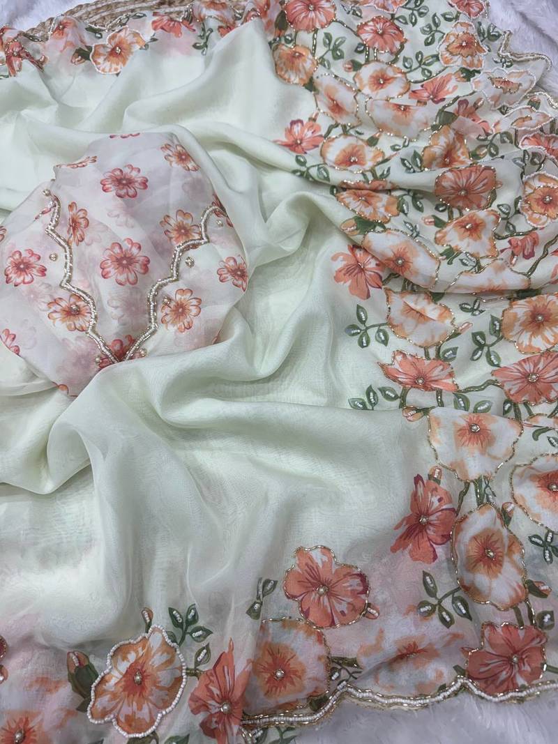 white-orange floral print with beads and katdana hand silk saree