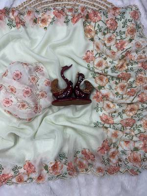 white-orange floral print with beads and katdana hand silk saree 3