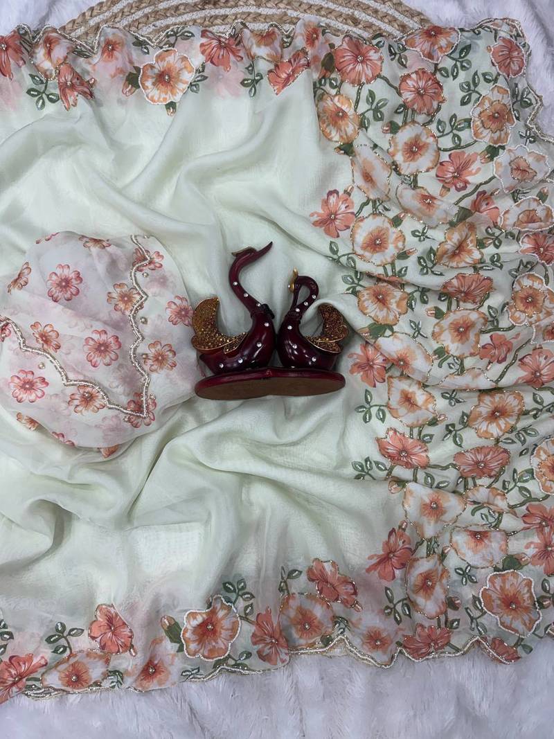 white-orange floral print with beads and katdana hand silk saree