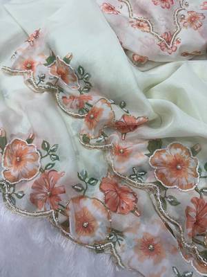 white-orange floral print with beads and katdana hand silk saree 4