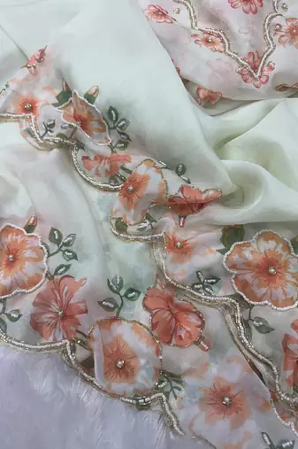 white-orange floral print with beads and katdana hand silk saree