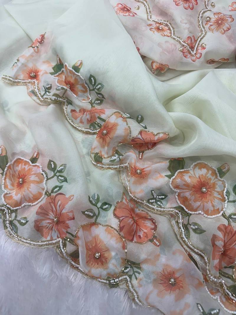 white-orange floral print with beads and katdana hand silk saree