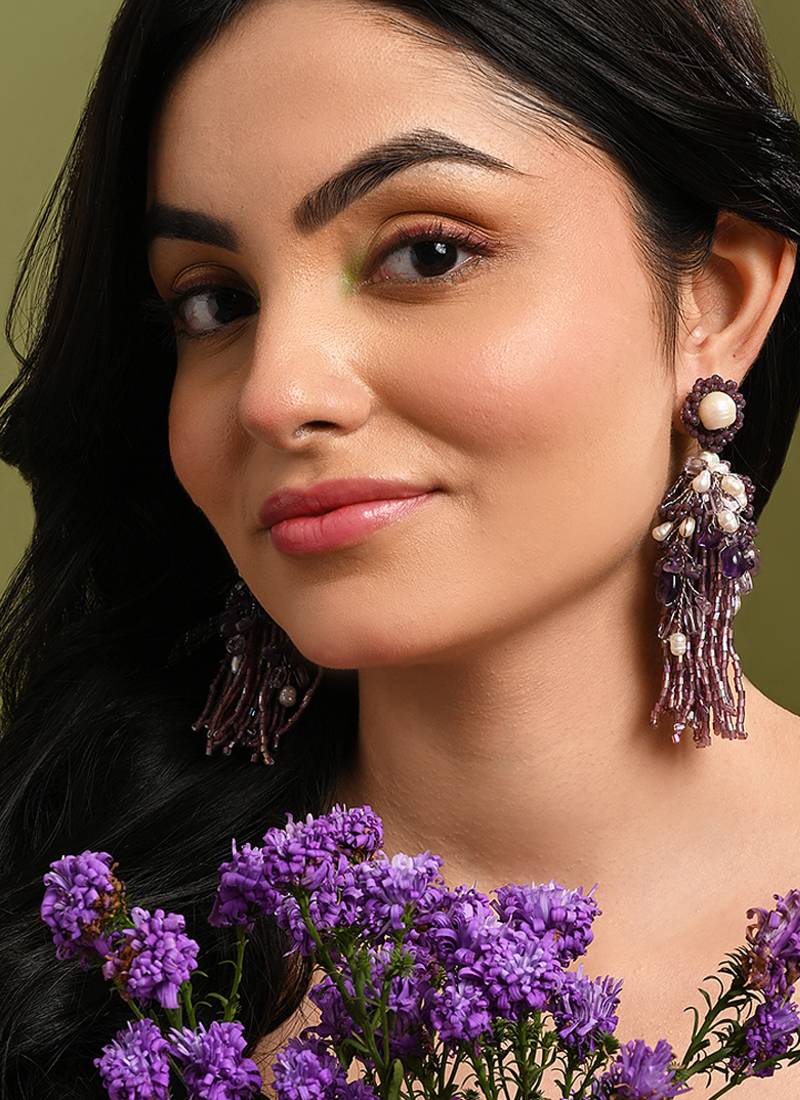 Luxury wine and pearl long earrings