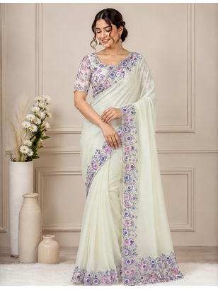 White-Purple Color Floral Print With Beads And Katdana Handwork Silk Saree 1