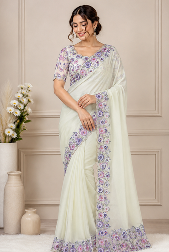 white-purple floral print with beads and katdana hand silk saree