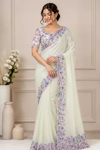 white-purple floral print with beads and katdana hand silk saree