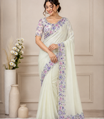 white-purple floral print with beads and katdana hand silk saree