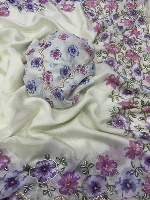White-Purple Color Floral Print With Beads And Katdana Handwork Silk Saree 2