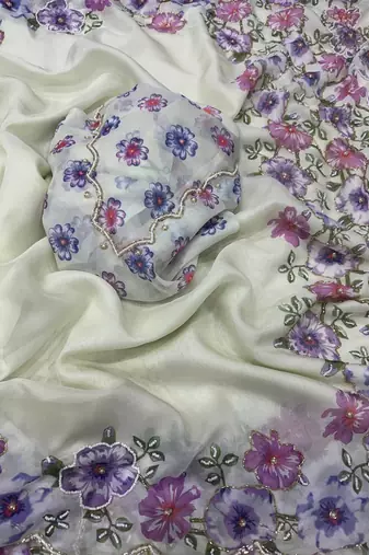 White-Purple Color Floral Print With Beads And Katdana Handwork Silk Saree
