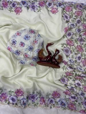 White-Purple Color Floral Print With Beads And Katdana Handwork Silk Saree 3