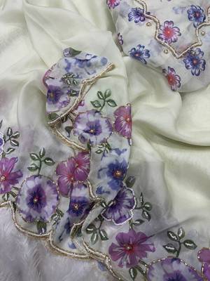 White-Purple Color Floral Print With Beads And Katdana Handwork Silk Saree 4