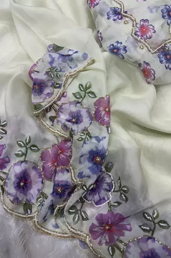 White-Purple Color Floral Print With Beads And Katdana Handwork Silk Saree