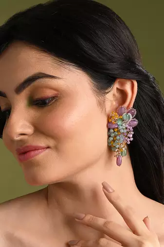 Gold plated multicolor stones long earrings