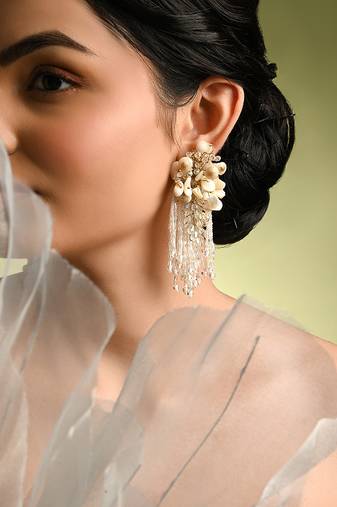 White floral long earrings