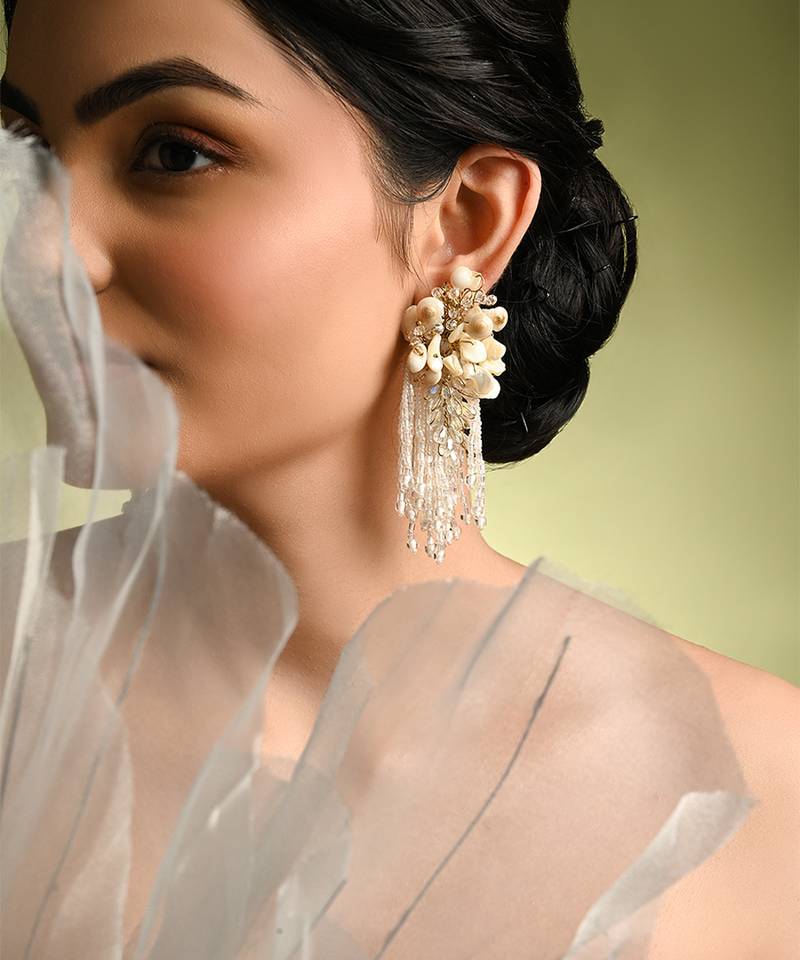 White floral long earrings