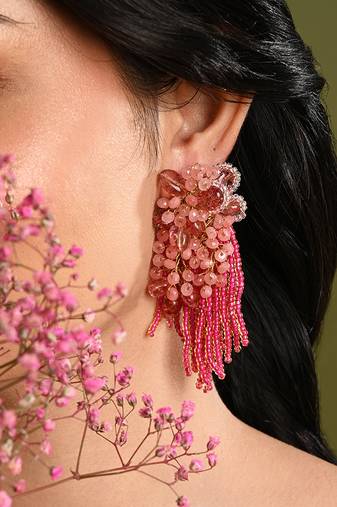 Cherry red pink long earrings with crystal hangings