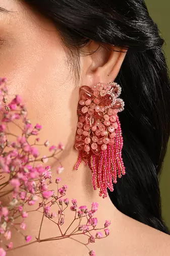 Cherry red pink long earrings with crystal hangings