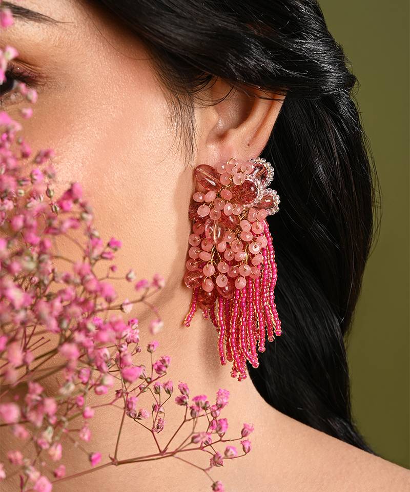 Cherry red pink long earrings with crystal hangings