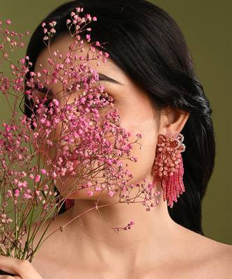 Cherry red pink long earrings with crystal hangings 2