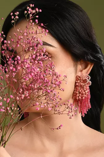 Cherry red pink long earrings with crystal hangings