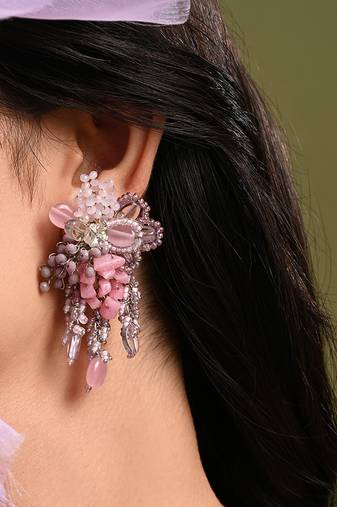 Pink and lilac stone tassel earrings