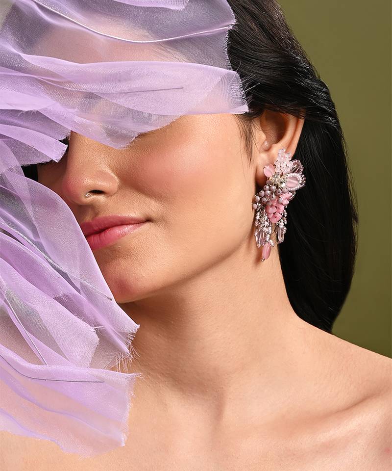 Pink and lilac stone tassel earrings