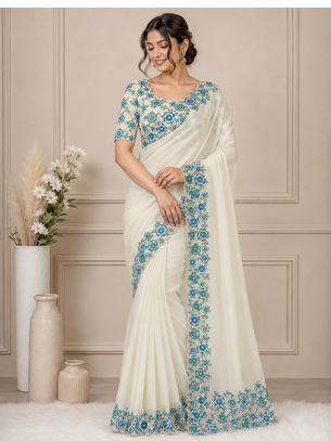 White-Sky Blue Color Floral Print With Beads And Katdana Handwork Silk Saree 1
