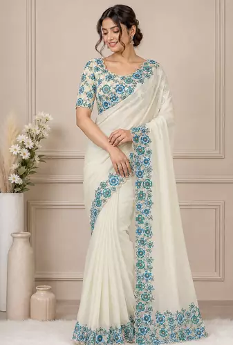 white-sky blue floral print with beads and katdana hand silk saree