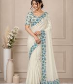 white-sky blue floral print with beads and katdana hand silk saree