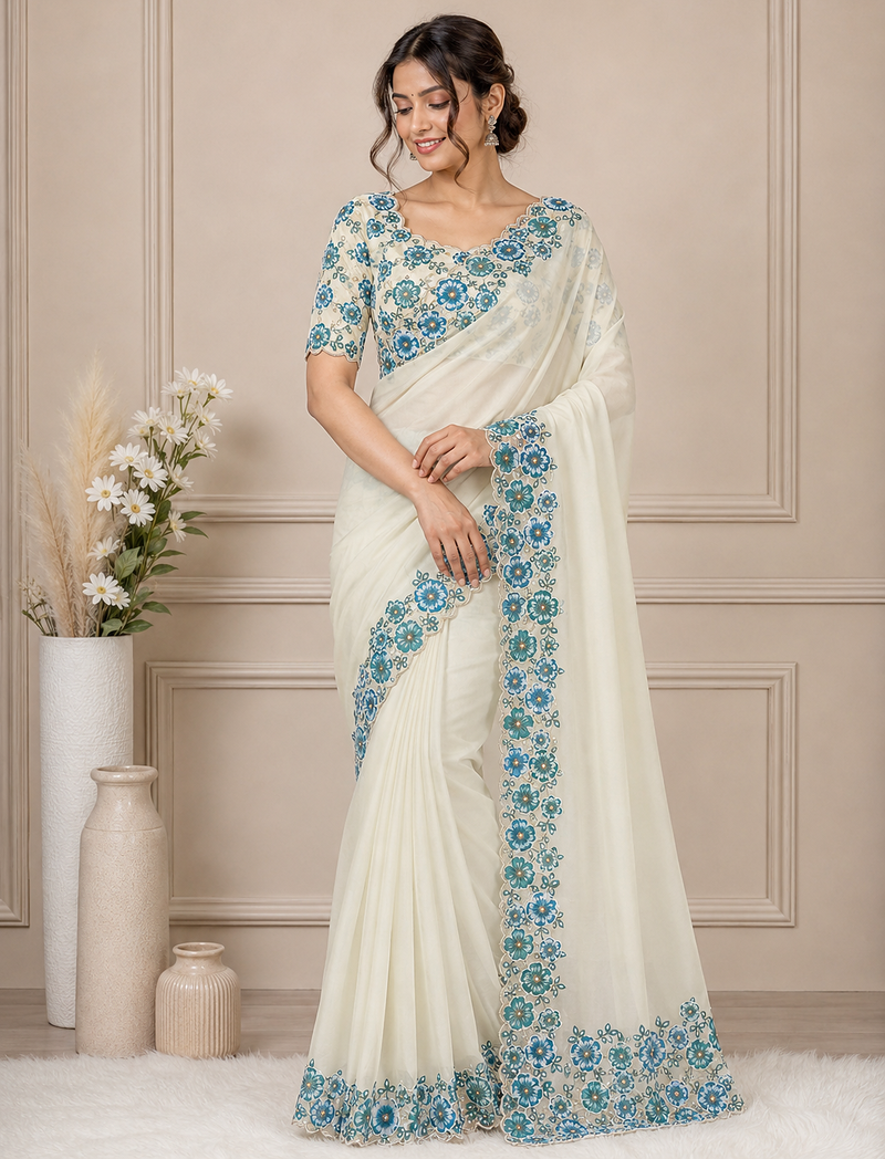 white-sky blue floral print with beads and katdana hand silk saree