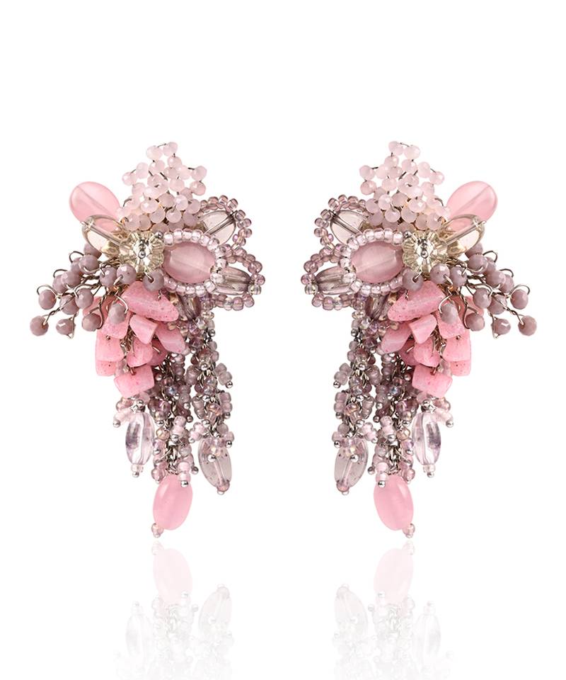 Pink and lilac stone tassel earrings