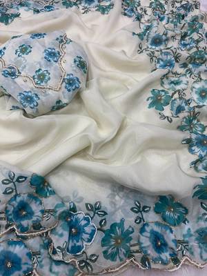 White-Sky Blue Color Floral Print With Beads And Katdana Handwork Silk Saree 2